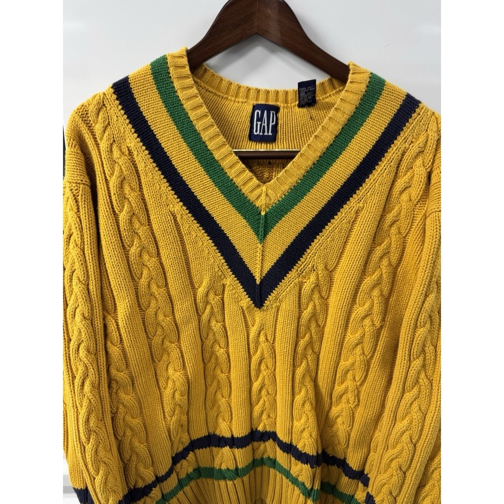 Vintage Gap V-Neck Cable Knit Sweatshirt Yellow Women's XL 90s Preppy Utility